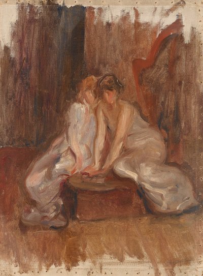 Two women seated by a harp - c.1900 by Albert de Belleroche